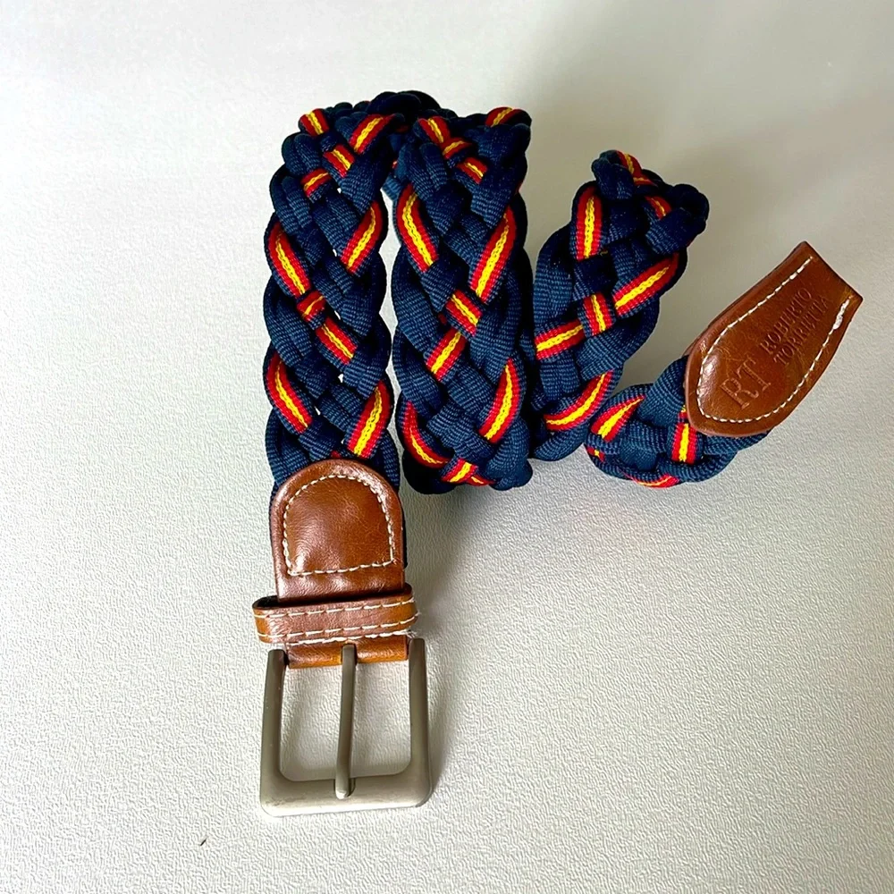 RT Roberto Torretta Woven Braided Belt Navy Red Yellow Silvertone Buckle OS